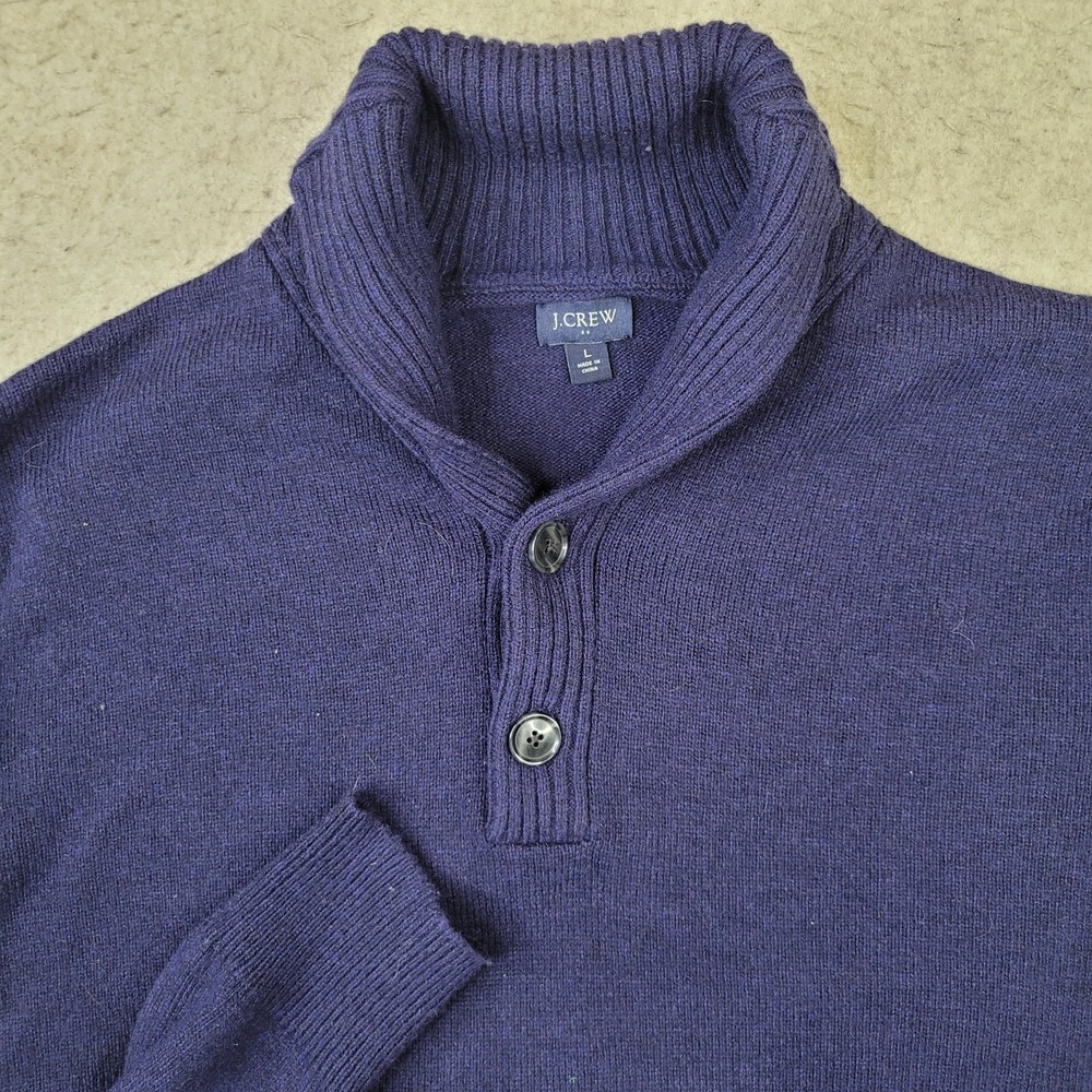 J Crew Mens Large Navy Blue Shawl Collar Button Neck Lambs Wool Blend Sweater